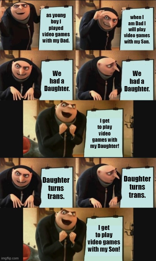 Gru always works out! | as young boy I played video games with my Dad. when I am Dad I will play video games with my Son. We had a Daughter. We had a Daughter. I get to play video games with my Daughter! Daughter turns trans. Daughter turns trans. I get to play video games with my Son! | image tagged in gru's plan succes doubled | made w/ Imgflip meme maker