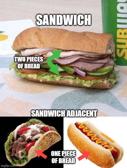 They're all tasty, but only one of them is a sandwich. | SANDWICH; TWO PIECES OF BREAD; SANDWICH ADJACENT; ONE PIECE OF BREAD | image tagged in subway sandwich,gyro lyrics,hotdog | made w/ Imgflip meme maker