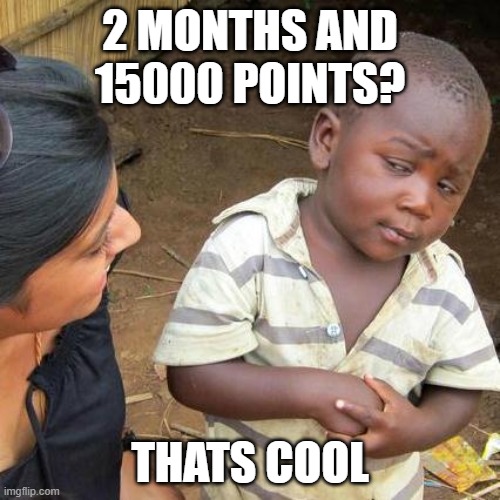 Checking: forgotten | 2 MONTHS AND 15000 POINTS? THATS COOL | image tagged in memes,third world skeptical kid | made w/ Imgflip meme maker