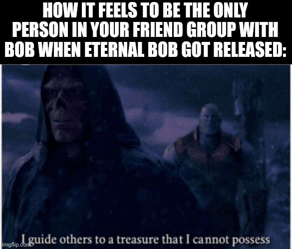 Hello I am new user here | HOW IT FEELS TO BE THE ONLY PERSON IN YOUR FRIEND GROUP WITH BOB WHEN ETERNAL BOB GOT RELEASED: | image tagged in i guide others to a treasure that i cannot possess | made w/ Imgflip meme maker