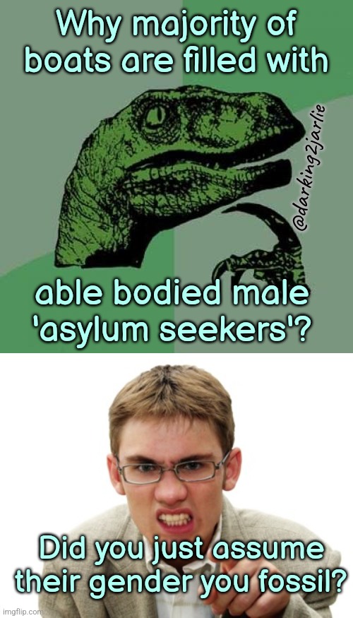 Racist Philosoraptor | Why majority of boats are filled with; @darking2jarlie; able bodied male 'asylum seekers'? Did you just assume their gender you fossil? | image tagged in philosoraptor,angry liberal,liberal logic,liberals,europe,british | made w/ Imgflip meme maker