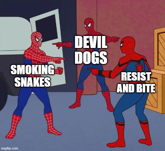 They are basically the exact same, but im not gonna complain | DEVIL DOGS; SMOKING SNAKES; RESIST AND BITE | image tagged in spider man triple,sabaton | made w/ Imgflip meme maker