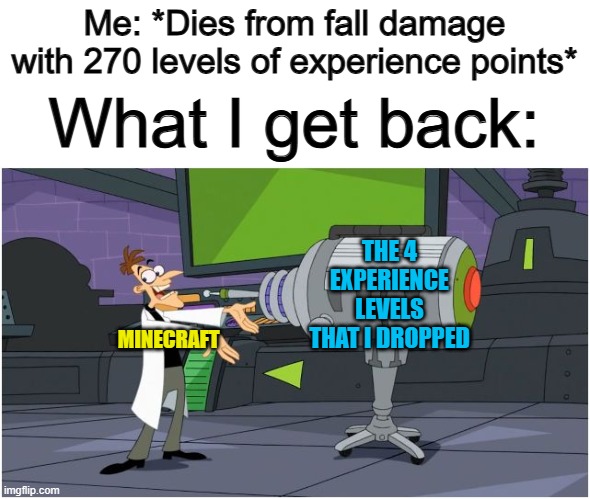 Not quite was I was hoping for -_- | Me: *Dies from fall damage with 270 levels of experience points*; What I get back:; THE 4 EXPERIENCE LEVELS THAT I DROPPED; MINECRAFT | image tagged in behold dr doofenshmirtz | made w/ Imgflip meme maker