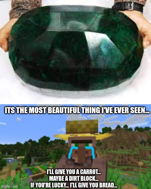 fr tho- | ITS THE MOST BEAUTIFUL THING I'VE EVER SEEN... I'LL GIVE YOU A CARROT...
MAYBE A DIRT BLOCK...
IF YOU'RE LUCKY... I'LL GIVE YOU BREAD... | image tagged in minecraft villagers | made w/ Imgflip meme maker