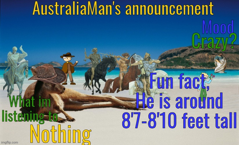 Heya guys | Crazy? Fun fact, He is around 8'7-8'10 feet tall; Nothing | image tagged in australiaman's true announcement template | made w/ Imgflip meme maker