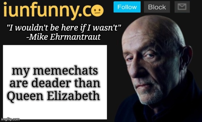 iUnFunny's Mike Ehrmantraut template | my memechats are deader than Queen Elizabeth | image tagged in iunfunny's mike ehrmantraut template | made w/ Imgflip meme maker