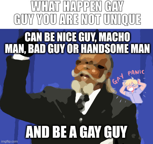gay guy you are not unique | WHAT HAPPEN GAY GUY YOU ARE NOT UNIQUE; CAN BE NICE GUY, MACHO MAN, BAD GUY OR HANDSOME MAN; AND BE A GAY GUY | image tagged in memes,too damn high,gay guy | made w/ Imgflip meme maker