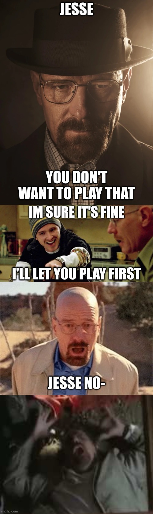 JESSE YOU DON'T WANT TO PLAY THAT IM SURE IT'S FINE I'LL LET YOU PLAY FIRST JESSE NO- | image tagged in walter white,jesse pinkman yeah science bitch | made w/ Imgflip meme maker