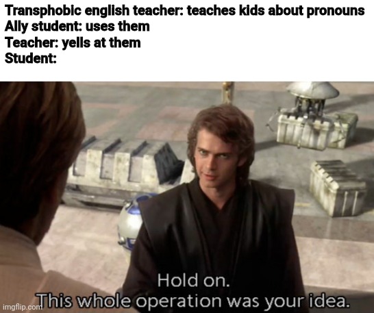 Hold on this whole operation was your idea | Transphobic english teacher: teaches kids about pronouns
Ally student: uses them
Teacher: yells at them
Student: | image tagged in hold on this whole operation was your idea | made w/ Imgflip meme maker