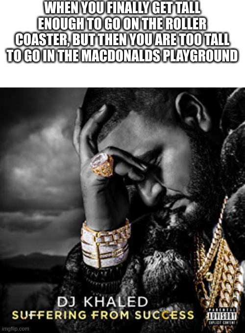 . | WHEN YOU FINALLY GET TALL ENOUGH TO GO ON THE ROLLER COASTER, BUT THEN YOU ARE TOO TALL TO GO IN THE MACDONALDS PLAYGROUND | image tagged in blank white template,dj khaled suffering from success meme | made w/ Imgflip meme maker