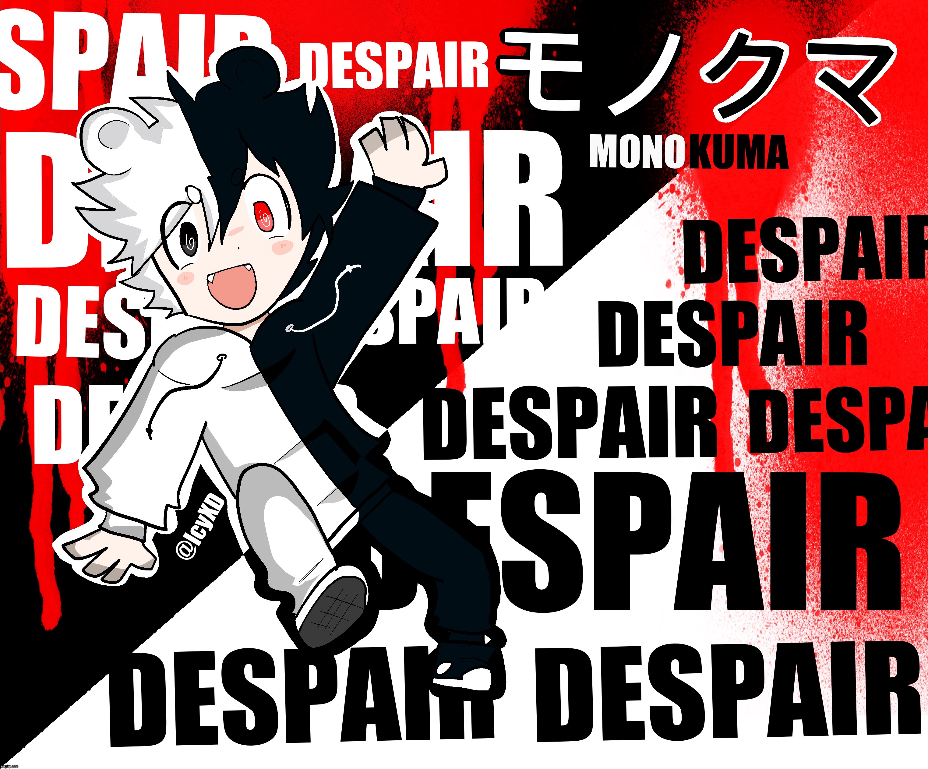 Monokuma art print i made at 12:00 last night! What do you think? | image tagged in danganronpa,monokuma,teddy bear,black and white,anime,despair | made w/ Imgflip meme maker