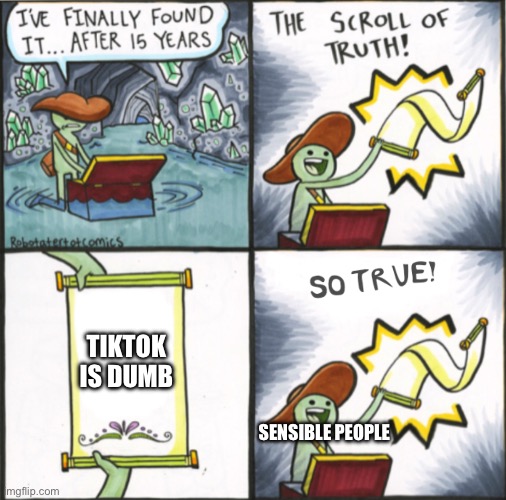 I already made a meme kinda like this but I hope you like it | TIKTOK IS DUMB; SENSIBLE PEOPLE | image tagged in the real scroll of truth | made w/ Imgflip meme maker