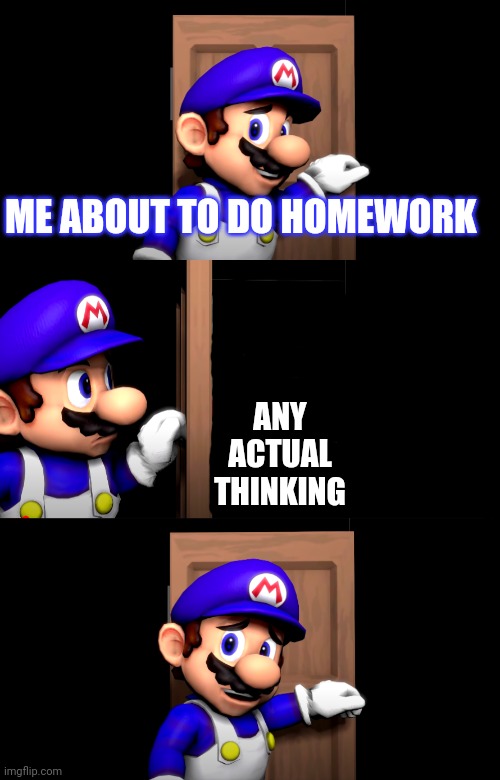 Smg4 door with no text | ME ABOUT TO DO HOMEWORK; ANY ACTUAL THINKING | image tagged in smg4 door with no text | made w/ Imgflip meme maker