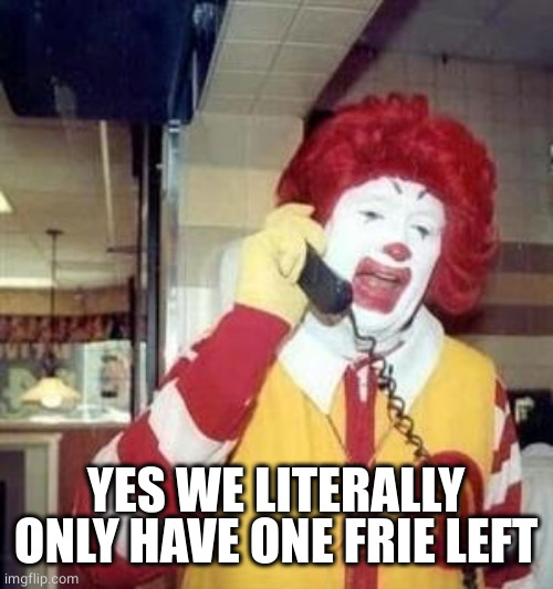 Ronald McDonald Temp | YES WE LITERALLY ONLY HAVE ONE FRIE LEFT | image tagged in ronald mcdonald temp | made w/ Imgflip meme maker