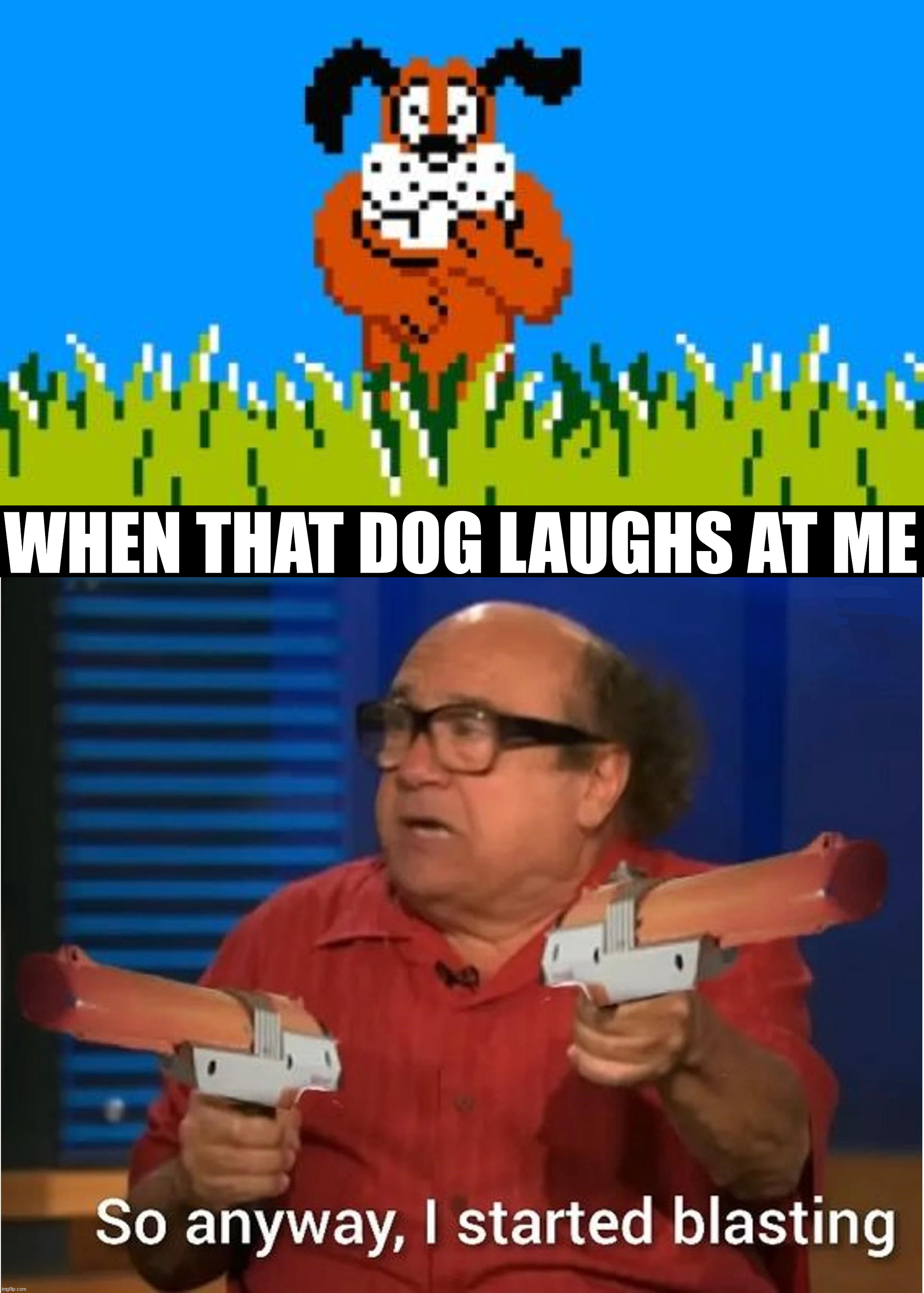 Had enough of that dog laughing at me | WHEN THAT DOG LAUGHS AT ME | image tagged in duck hunt dog | made w/ Imgflip meme maker