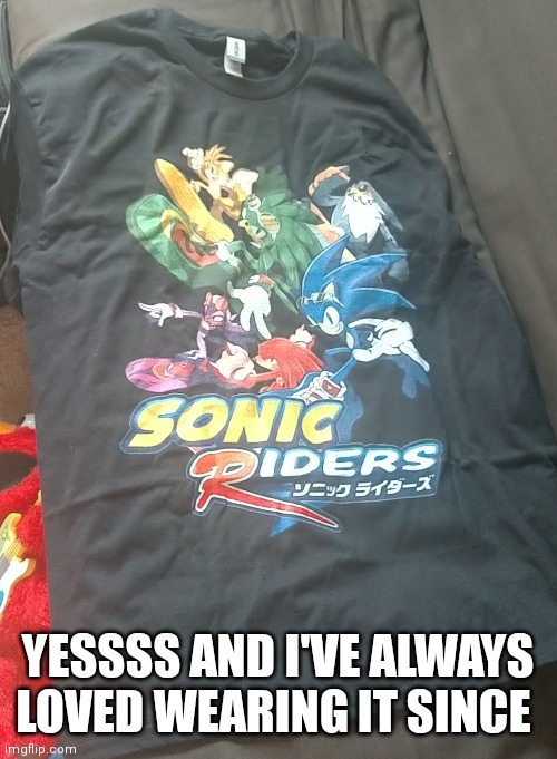 Sonic riders shirt that I love | YESSSS AND I'VE ALWAYS LOVED WEARING IT SINCE | image tagged in favorite shirt,sonic riders,shirt,cool shirt,sonic riders shirt,sonic | made w/ Imgflip meme maker