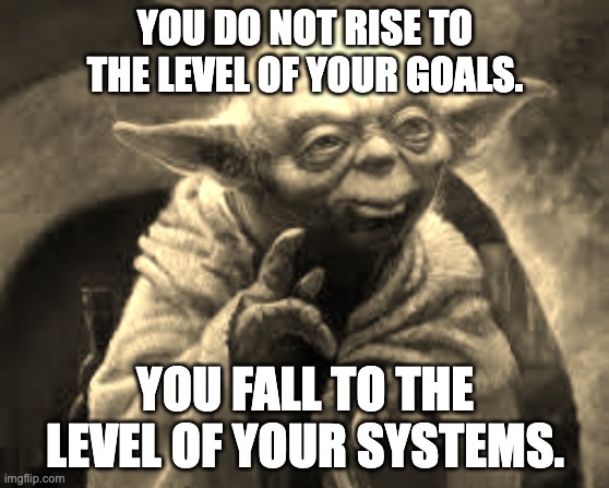 Yoda - levels of your system | YOU DO NOT RISE TO THE LEVEL OF YOUR GOALS. YOU FALL TO THE LEVEL OF YOUR SYSTEMS. | image tagged in yoda | made w/ Imgflip meme maker