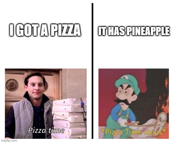 Pizza time pizza time stops | I GOT A PIZZA; IT HAS PINEAPPLE | image tagged in pizza time pizza time stops | made w/ Imgflip meme maker
