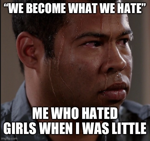 Sweating Man | “WE BECOME WHAT WE HATE”; ME WHO HATED GIRLS WHEN I WAS LITTLE | image tagged in sweating man | made w/ Imgflip meme maker