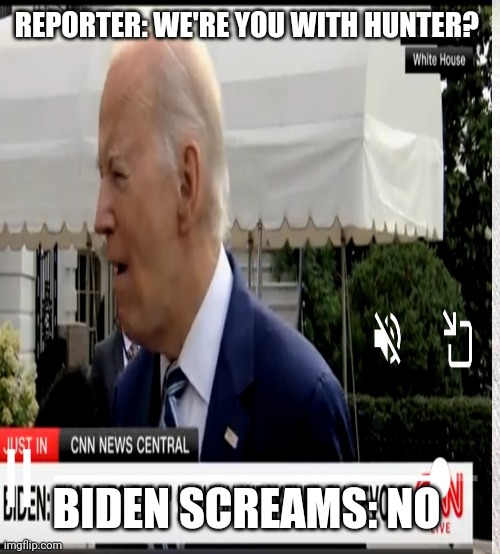Biden Screams | REPORTER: WE'RE YOU WITH HUNTER? BIDEN SCREAMS: NO | image tagged in joe biden,biden,meme,political meme | made w/ Imgflip meme maker