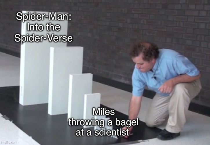 Miles Morales and The Spot in the bagel effect meme (spoiler) | Spider-Man: Into the Spider-Verse; Miles throwing a bagel at a scientist | image tagged in domino effect,spider-man,sony,bagel,scientist,spoiler alert | made w/ Imgflip meme maker