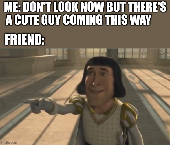 Farquaad | ME: DON'T LOOK NOW BUT THERE'S A CUTE GUY COMING THIS WAY; FRIEND: | image tagged in farquaad | made w/ Imgflip meme maker