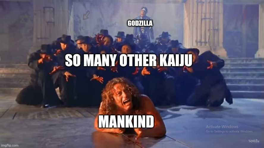 Yet Another Godzilla Meme | GODZILLA; SO MANY OTHER KAIJU; MANKIND | image tagged in he's getting away | made w/ Imgflip meme maker