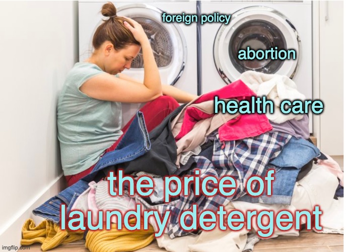 Mom laundry | foreign policy abortion health care the price of laundry detergent | image tagged in mom laundry | made w/ Imgflip meme maker