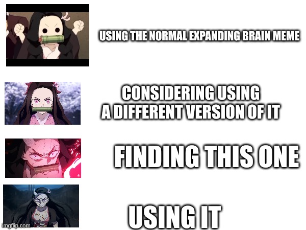 are there any other expanding brain variations | USING THE NORMAL EXPANDING BRAIN MEME; CONSIDERING USING A DIFFERENT VERSION OF IT; FINDING THIS ONE; USING IT | image tagged in nezuko | made w/ Imgflip meme maker