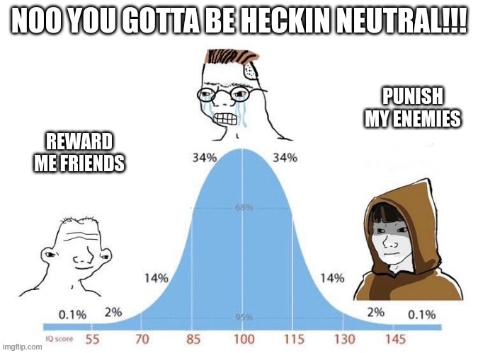 bell curve | NOO YOU GOTTA BE HECKIN NEUTRAL!!! PUNISH MY ENEMIES; REWARD ME FRIENDS | image tagged in bell curve | made w/ Imgflip meme maker