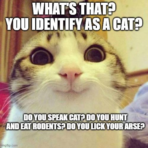 Smiling Cat Meme | WHAT'S THAT? YOU IDENTIFY AS A CAT? DO YOU SPEAK CAT? DO YOU HUNT AND EAT RODENTS? DO YOU LICK YOUR ARSE? | image tagged in memes,smiling cat | made w/ Imgflip meme maker