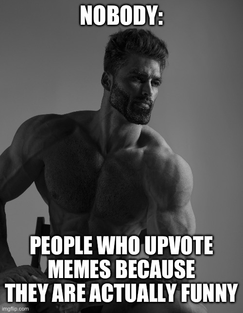 Anyone agree? | NOBODY:; PEOPLE WHO UPVOTE MEMES BECAUSE THEY ARE ACTUALLY FUNNY | image tagged in giga chad | made w/ Imgflip meme maker