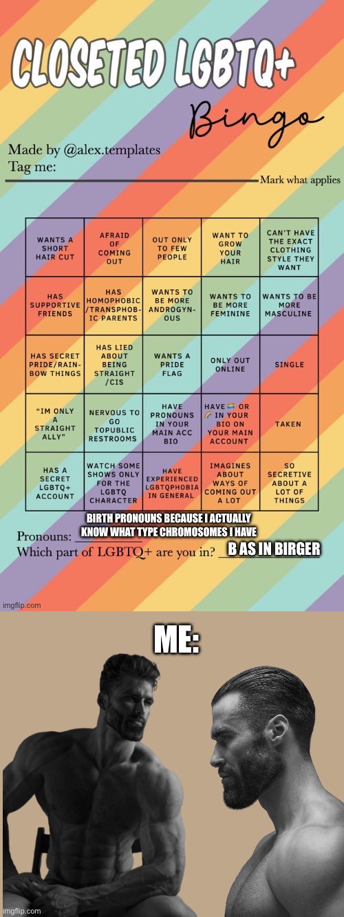 Honestly kind of makes me sick to call myself a gigachad sinse I have no ego but I did it for the meme | BIRTH PRONOUNS BECAUSE I ACTUALLY KNOW WHAT TYPE CHROMOSOMES I HAVE; ME:; B AS IN BIRGER | image tagged in closeted lgbtq bingo | made w/ Imgflip meme maker