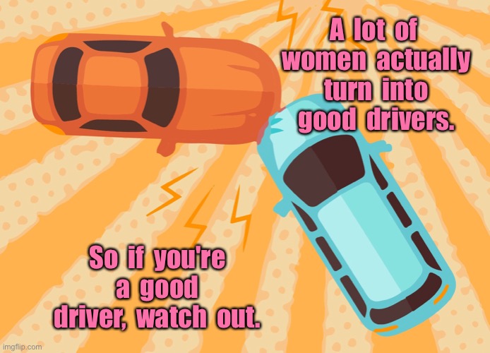 Women drivers | A  lot  of  women  actually  turn  into  good  drivers. So  if  you're  a  good  driver,  watch  out. | image tagged in women turn into good drivers,are you a good driver,watch out,fun | made w/ Imgflip meme maker