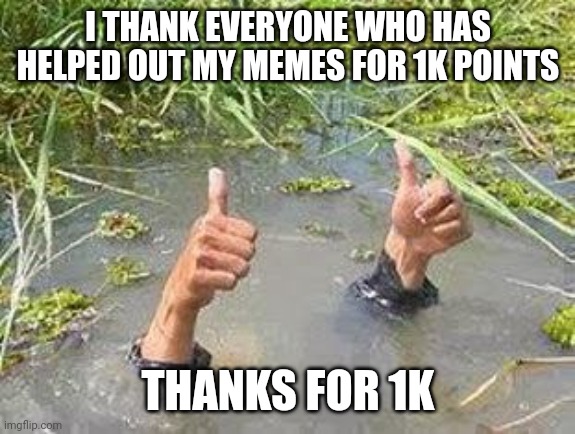 FLOODING THUMBS UP | I THANK EVERYONE WHO HAS HELPED OUT MY MEMES FOR 1K POINTS; THANKS FOR 1K | image tagged in flooding thumbs up | made w/ Imgflip meme maker