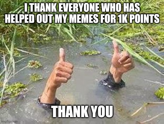 thanks for 1k points | I THANK EVERYONE WHO HAS HELPED OUT MY MEMES FOR 1K POINTS; THANK YOU | image tagged in flooding thumbs up | made w/ Imgflip meme maker