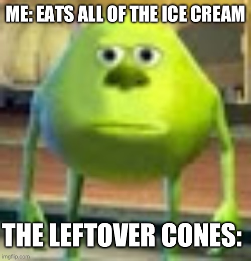 Always happens | ME: EATS ALL OF THE ICE CREAM; THE LEFTOVER CONES: | image tagged in sully wazowski | made w/ Imgflip meme maker