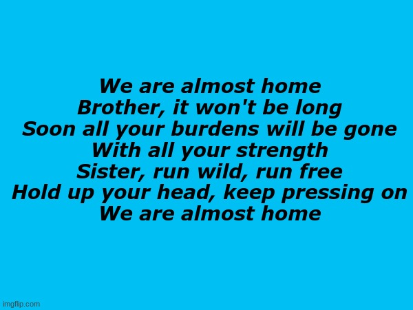 . | We are almost home
Brother, it won't be long
Soon all your burdens will be gone
With all your strength
Sister, run wild, run free
Hold up your head, keep pressing on
We are almost home | made w/ Imgflip meme maker