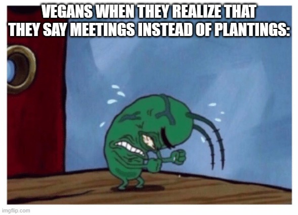 Plankton angry | VEGANS WHEN THEY REALIZE THAT THEY SAY MEETINGS INSTEAD OF PLANTINGS: | image tagged in plankton angry,funny,memes | made w/ Imgflip meme maker