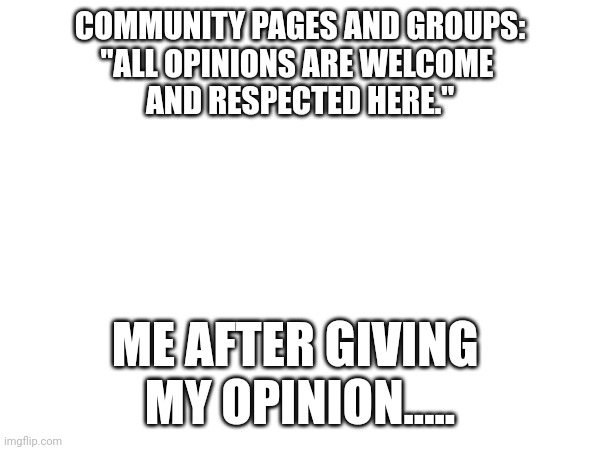 Local Community Page Standards | COMMUNITY PAGES AND GROUPS:
"ALL OPINIONS ARE WELCOME 
AND RESPECTED HERE."; ME AFTER GIVING 
MY OPINION..... | image tagged in community,local groups,local community,community pages,facebook,karens | made w/ Imgflip meme maker