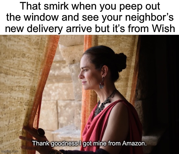 That smirk when you peep out the window and see your neighbor’s new delivery arrive but it’s from Wish; Thank goodness I got mine from Amazon. | image tagged in blank white template,the chosen | made w/ Imgflip meme maker