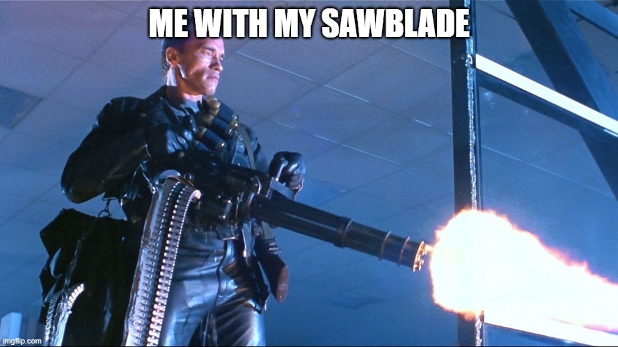 Terminator Minigun Arnold Schwarzenegger | ME WITH MY SAWBLADE | image tagged in terminator minigun arnold schwarzenegger | made w/ Imgflip meme maker