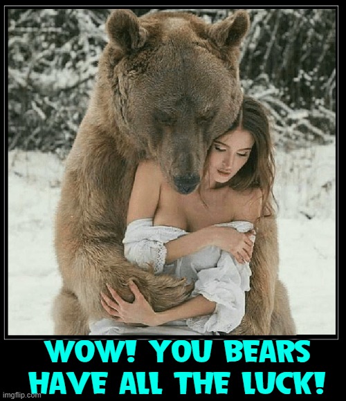 Here, let me me keep you warm, little lady... | WOW! YOU BEARS
HAVE ALL THE LUCK! | image tagged in vince vance,bears,memes,hot girls,bear hug,snow | made w/ Imgflip meme maker