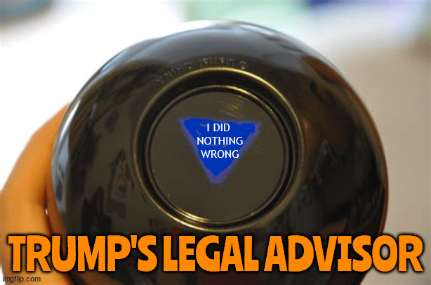 Trump's savvy defense. | I DID 
NOTHING WRONG; TRUMP'S LEGAL ADVISOR | image tagged in donald trump,magic 8 ball,maga,felon,criminal,guilty | made w/ Imgflip meme maker
