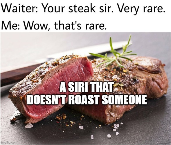 super rare. | A SIRI THAT DOESN'T ROAST SOMEONE | image tagged in rare steak meme | made w/ Imgflip meme maker