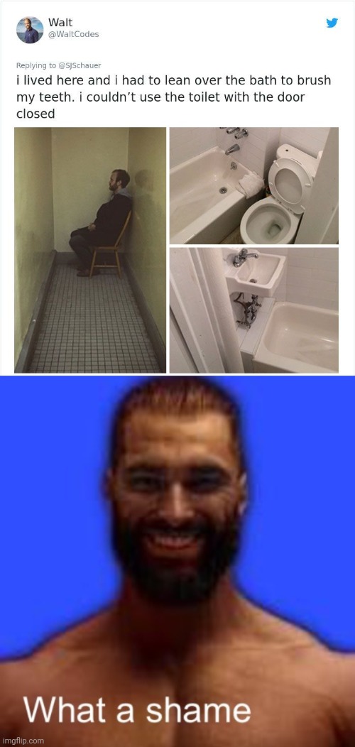 Bathroom | image tagged in what a shame gigachad,bathroom,toilet,you had one job,memes,tub | made w/ Imgflip meme maker
