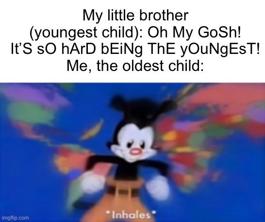 Meme #65 | My little brother (youngest child): Oh My GoSh! It’S sO hArD bEiNg ThE yOuNgEsT!
Me, the oldest child: | image tagged in yakko inhale,siblings,oldest child | made w/ Imgflip meme maker