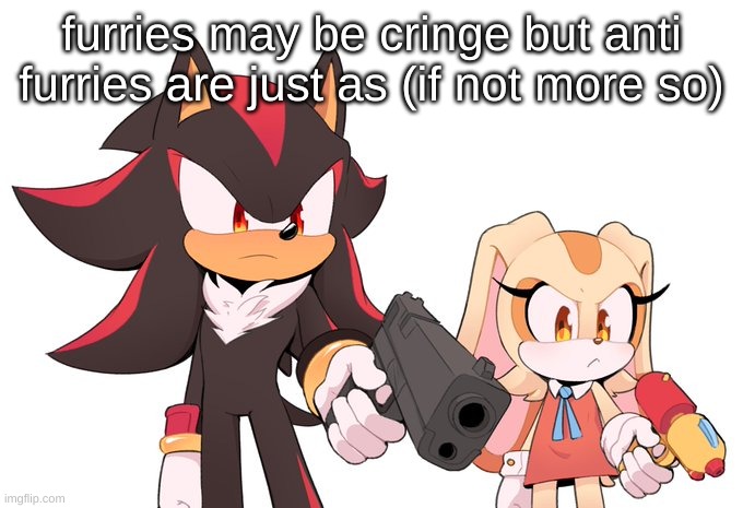 this might violate drizzy's recent post but eh | furries may be cringe but anti furries are just as (if not more so) | image tagged in shadow and cream with guns | made w/ Imgflip meme maker