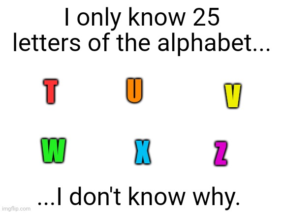 Meme #2,190 | I only know 25 letters of the alphabet... U; T; V; W; X; Z; ...I don't know why. | image tagged in blank white template,memes,alphabet,y,funny,jokes | made w/ Imgflip meme maker