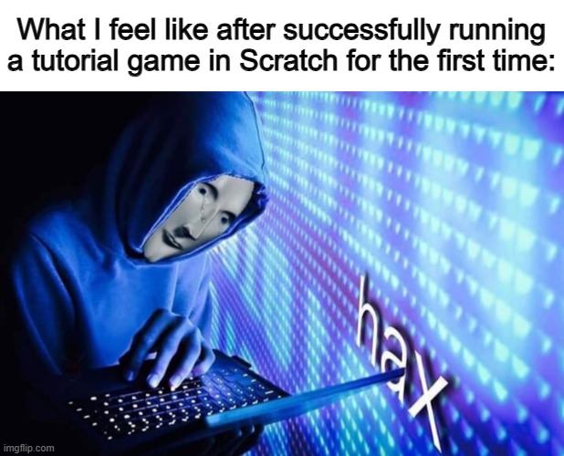 I'm a professional coder now ^-^ | What I feel like after successfully running a tutorial game in Scratch for the first time: | image tagged in hax | made w/ Imgflip meme maker